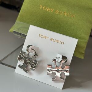 Tory Burch Silver Logo Hoop Earrings